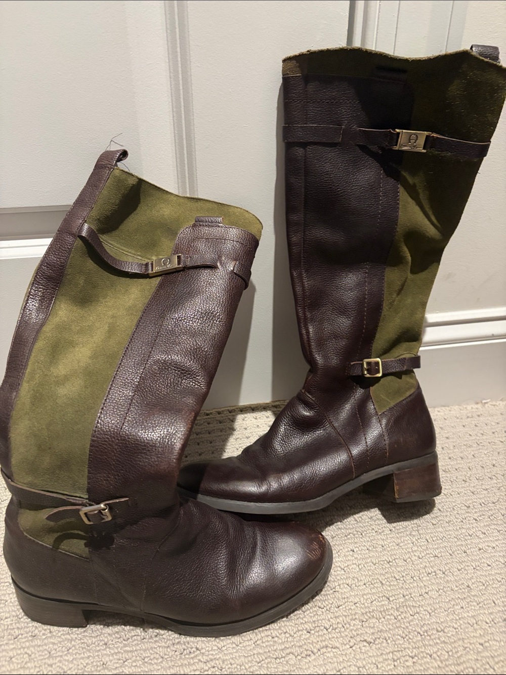Etienne Aigner Brown and Olive Riding Boots with Buckle Detail